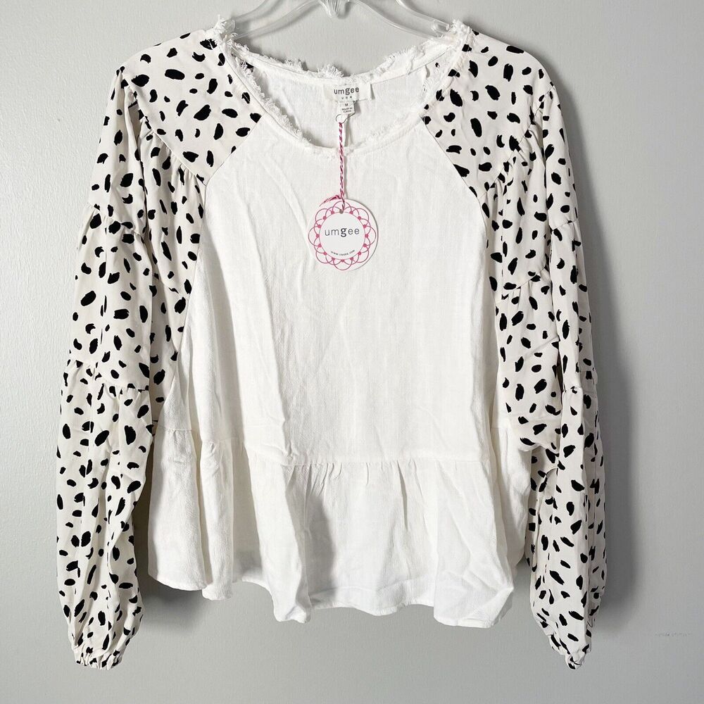 Umgee Size M Animal Print Long Sleeve Oatmeal Peplum Linen Blend Top NEW NWT